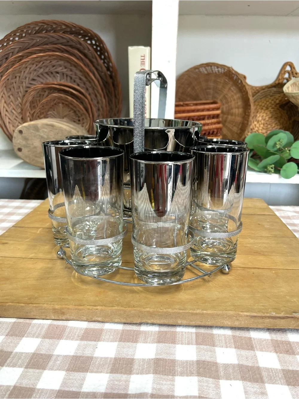 Vintage barware ice bucket glass highball tumblers caddy silver mid century